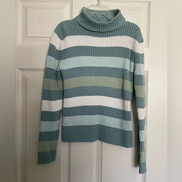 Sonoma Sweaters - Sonoma Striped Cotton Turtleneck Sweater - Teal and White Blue Green Tones